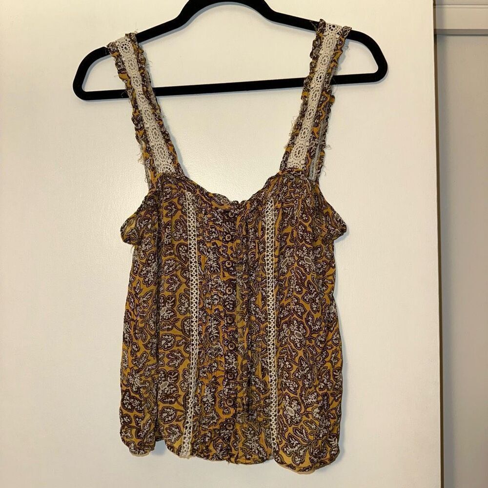 Anthropologie Women’s Gold Brown Cream Floral Tank Top Size 2 GUC